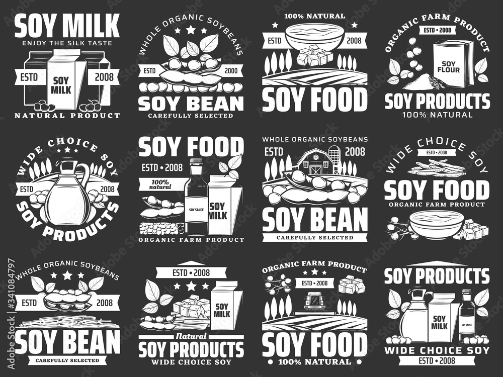 Soybean legume icons of soy bean food products. Vector soy milk, oil and sauce bottle, tofu, miso and soya meat skin, tempeh, flour and noodle bowl symbols with soybean pods, sprouted beans and leaves