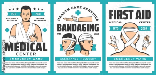 First aid bandaging of body injuries medical posters of emergency medicine vector design. Trauma treatments, bandages on arm fractures, elbow, wrist and finger joint sprains, head and chin wounds