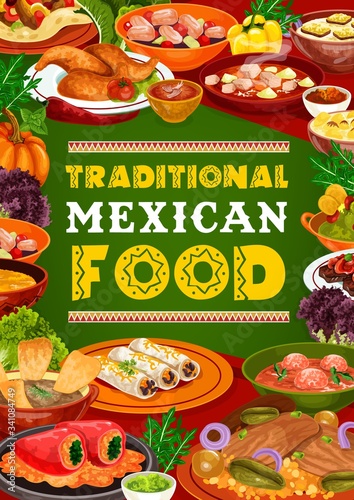 Mexican cuisine restaurant dishes of meat and vegetable food. Estofado stew, stuffed peppers and chicken wings, burritos and fajitas with salsa and guacamole sauces, seafood salad, soups and tortillas
