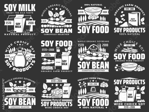 Soybean legume icons of soy bean food products. Vector soy milk, oil and sauce bottle, tofu, miso and soya meat skin, tempeh, flour and noodle bowl symbols with soybean pods, sprouted beans and leaves