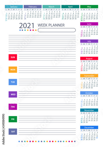 2021 Week Planner Calendar. Colorful design. Week starts sunday