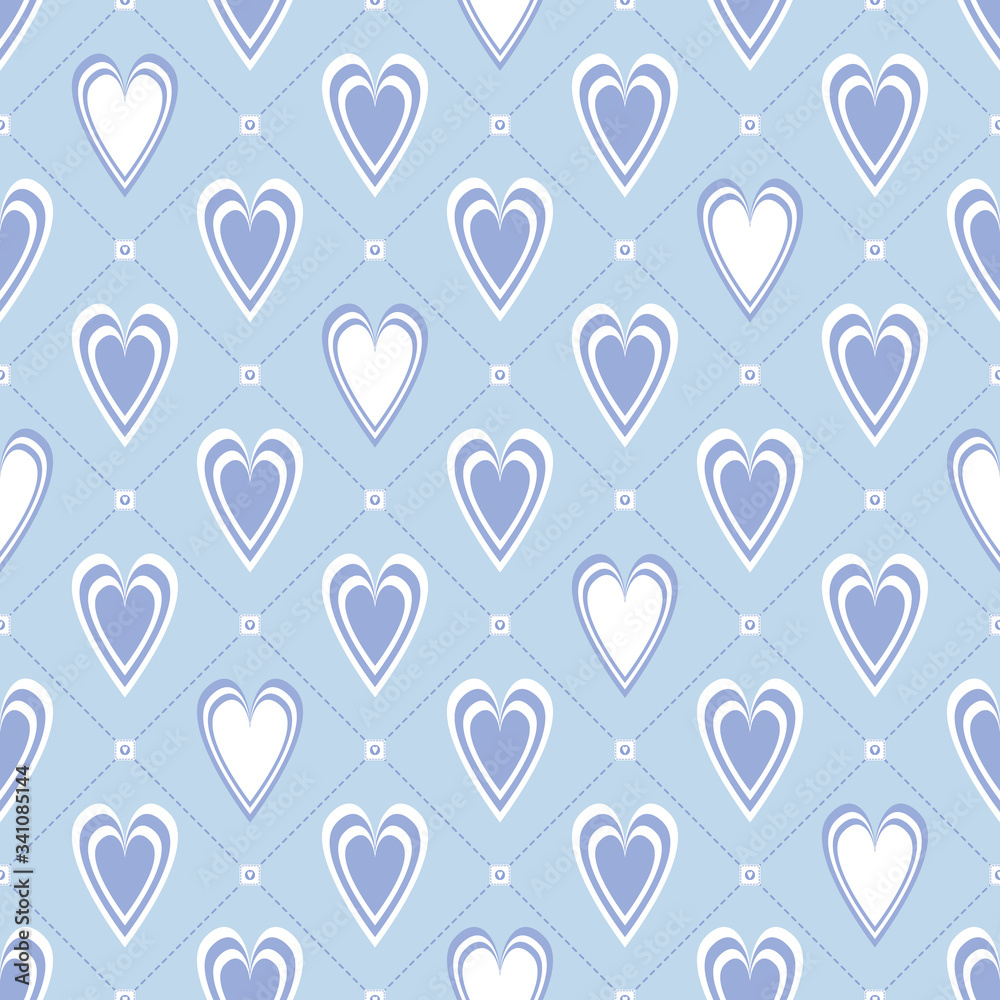 Seamless Vector pattern with monochrome blue and white hearts and squares, for decoration, print, textile, fabric, stationery