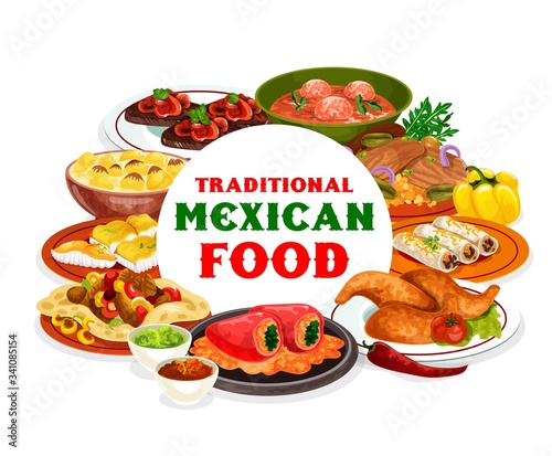 Mexican cuisine food of vegetable, meat, fish restaurant dishes. Vector bean burritos and beef fajitas with salsa and guacamole sauces, stuffed peppers, chicken wings, steaks and tomato meatball soup