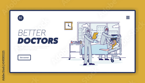 Coronavirus And Intensive Therapy Concept. Website Landing Page. Sick Infected Woman Is in Intensive Care Unit Connected To Ventilator. Web Page Cartoon Linear Outline Flat Style Vector Illustration