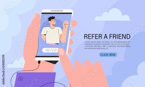 Hands holding smartphone with a friend social media profile page or user account. Refer a friend, referand earn or smm, following concept for add, banner, landing page template, ui, web design, flyer.