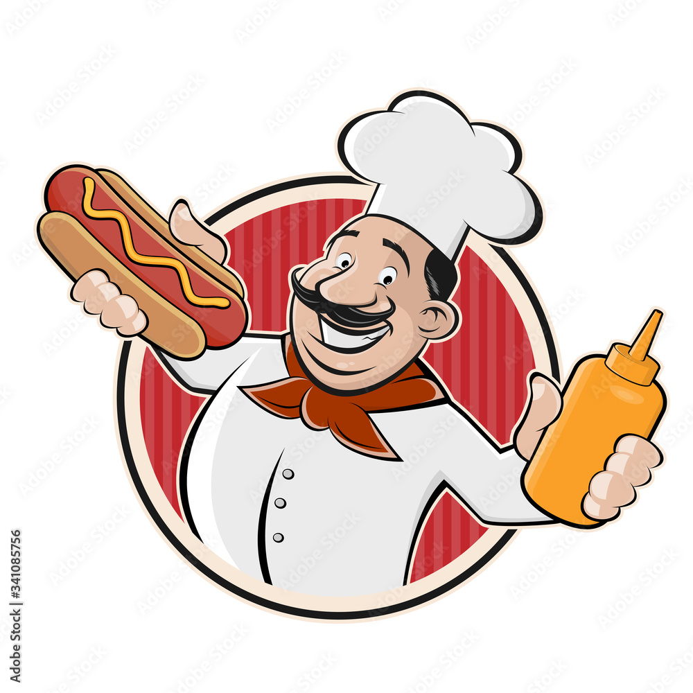 cartoon logo of a chef serving a hot dog Adobe Stock
