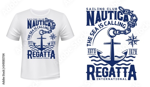 Nautical anchor t-shirt print of yacht club regatta and sailing sport. Vector mockup with anchor, chain, marine navigation compass wind rose and sea waves, yachting, sailboat racing or cruising design