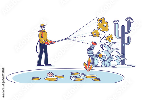 Agriculture And Farming Concept. Gardener In Protective Suit Spray Plants By Garden Sprayer To Prevent Having Vermin. Man Takes Care Of Harvest. Cartoon Linear Outline Flat Style. Vector Illustration