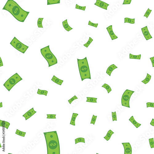 Dollar bills seamless pattern. Money falling from sky, illustration texture background.