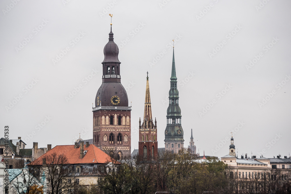 Fototapeta premium series of many church steeples in old town riga latvia