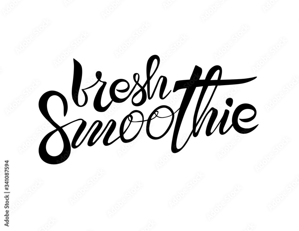 fresh smoothie lettering calligraphy, leaf, white background. Hand drawn vector illustration.