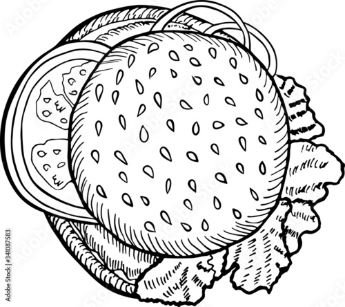 engraving burger vector drawing top view