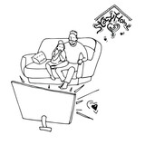 stay home, man and woman watching tv together, black and white doodle, illustration stock vector