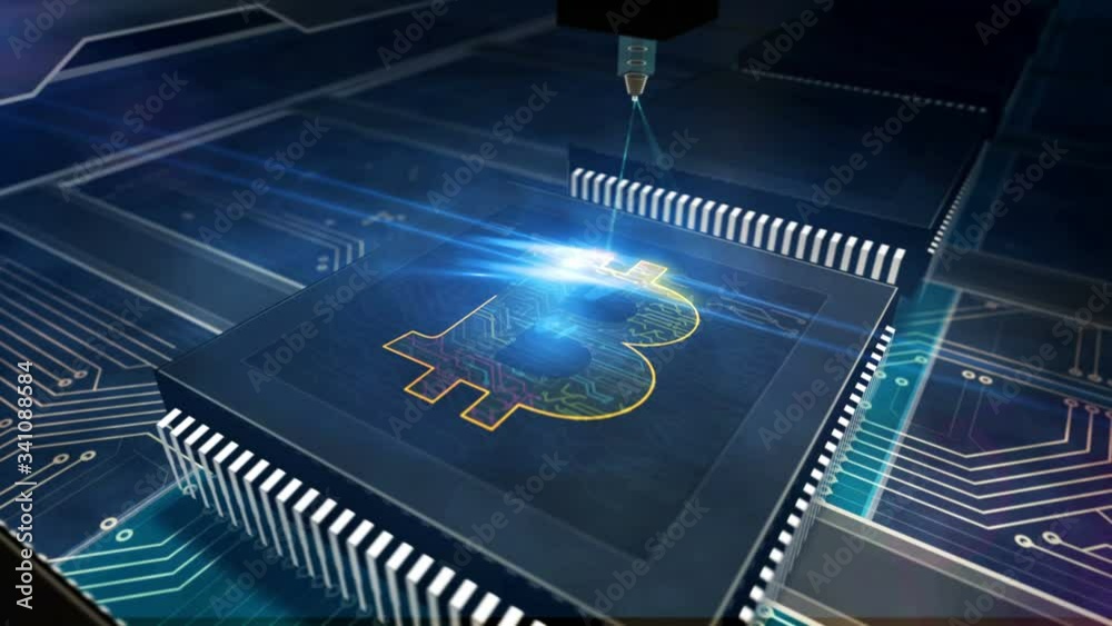 Bitcoin mining. Cryptocurrency, virtual money and blockchain tachnology production line abstract 3d rendering loopable seamless animation. Processor factory with laser burning crypto currency symbol. Bitcoin mining. Cryptocurrency, virtual money and blockchain tachnology production line abstract 3d rendering loopable seamless animation. Processor factory with laser burning crypto currency symbol.