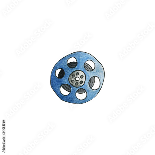 Blue spool bobbin reel with magneric tape film isolated on white background. Watercolor illustration in cartoon style. Concept of retro cinema, movie watching, music listening, leisure.