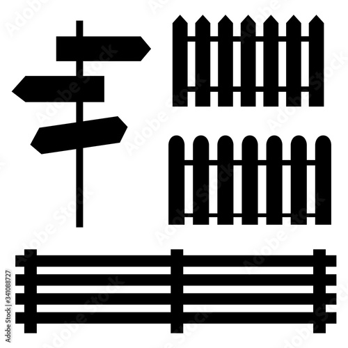 Black elements of fences and pointers. Vector illustration. Stock Photo.
