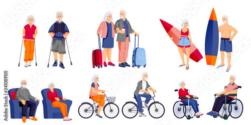 Elderly retirement couples, isolated on white background. Vector cartoon characters illustration. Senior men and women