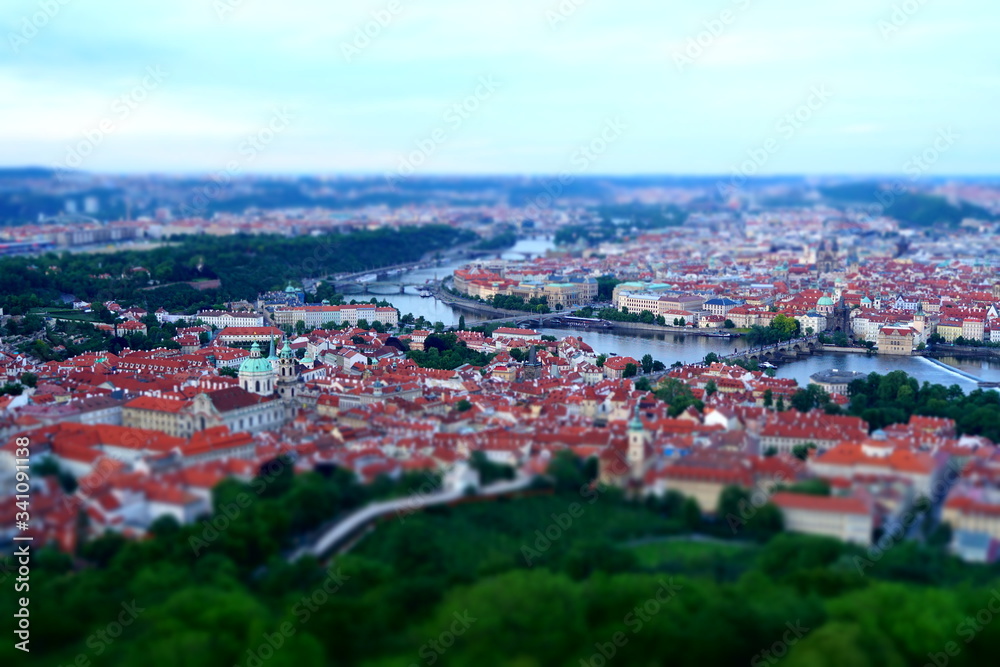 horizontal shot of a river with boats and bridges against a blurred green park and city with red roofs
