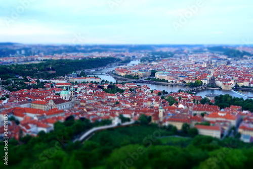 horizontal shot of a river with boats and bridges against a blurred green park and city with red roofs