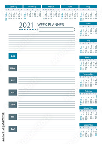 2021 Week Planner Calendar. Blue color. Week starts sunday
