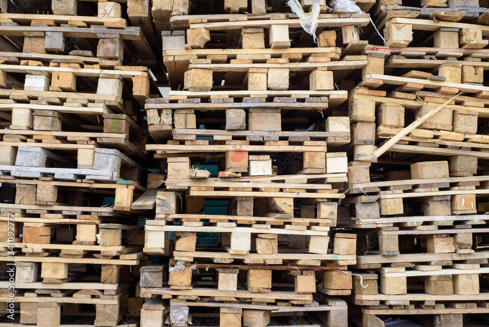 Lots of old wooden pallets for transportation. Lots of old wooden pallets for transportation.