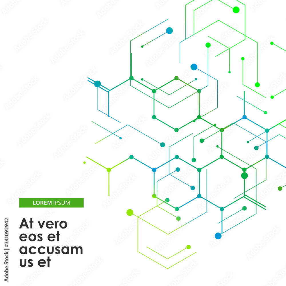 Vector illustration green connect hexagons connect abstract background. Technology dots and broken lines