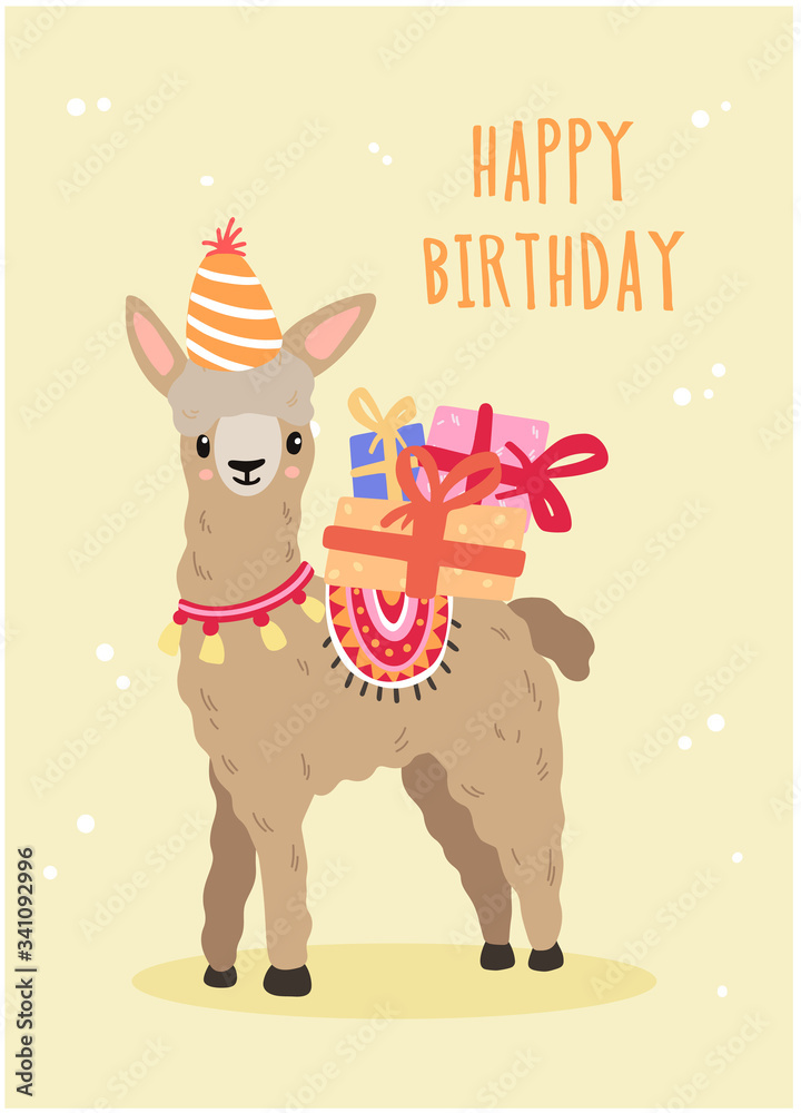 Cute llama in a festive cap. Illustration for birthday card. Cute llama in a festive cap. Illustration for birthday card.