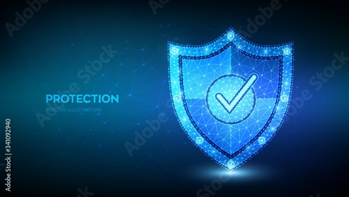 Check mark on security shield. Protection or Safe business concept. Cyber security and network safety. Illustrates cyber data security or information privacy idea. Low polygonal vector illustration.