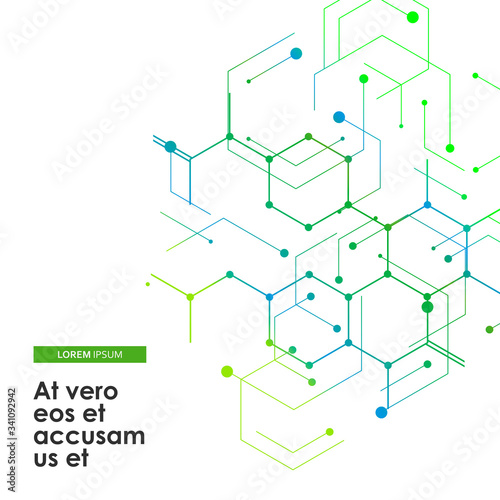 Vector illustration green connect hexagons connect abstract background. Technology dots and broken lines