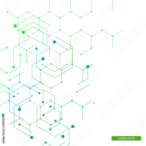 Vector illustration green connect hexagons connect abstract background. Technology dots and broken lines