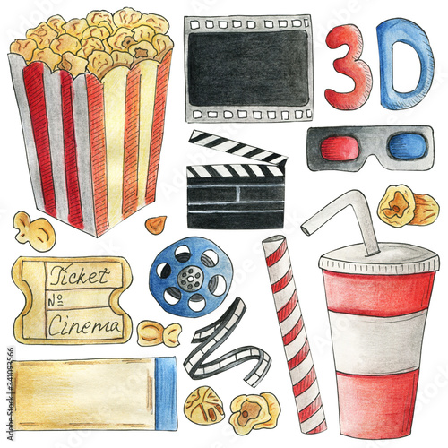 Set of colorful cinema equipment for movie and cartoon watching. HAnd drawn watercolor illustration in cartoon style. Red, blue yellow. Popcorn, tickets, film, bobbin, drink, soda, clapper 3d glasses