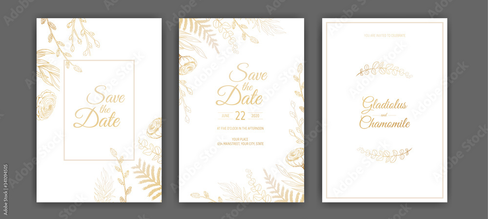 Luxury Wedding Save the Date, Invitation Navy Cards Collection with Gold Foil Flowers and Leaves and Wreath.