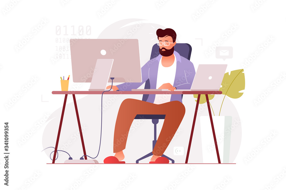 Programmer works at home at the computer. Remote work in the home office. IT specialist freelancer. Colorful vector illustration in flat cartoon style.