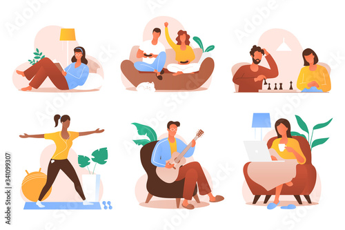 People sitting at home vector illustration. Young men and women spending time at home - read books, play video games, work, doing fitness, etc. Domestic life. Self isolation. Flat cartoon style. © alexandertrou
