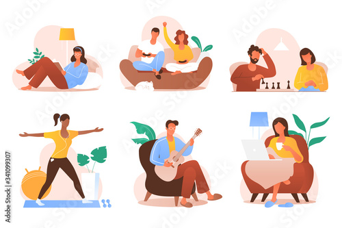 People sitting at home vector illustration. Young men and women spending time at home - read books, play video games, work, doing fitness, etc. Domestic life. Self isolation. Flat cartoon style.