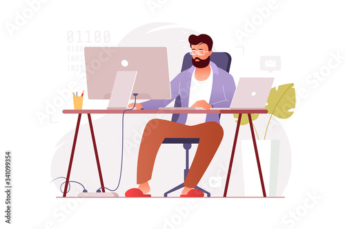 Programmer works at home at the computer. Remote work in the home office. IT specialist freelancer. Colorful vector illustration in flat cartoon style.
