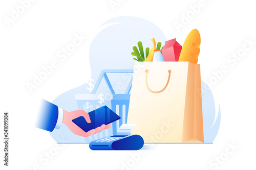 Contactless payment. NFC technology. Pay for purchases using your smartphone. Paying for purchases at supermarket. Colorful vector illustration in flat style.