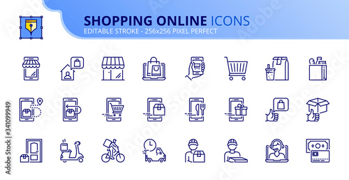 Simple set of outline icons about shopping online and delivery.