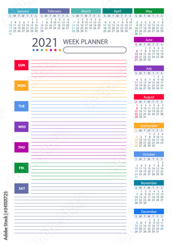 2021 Week Planner Calendar. Colorful design. Week starts sunday 2