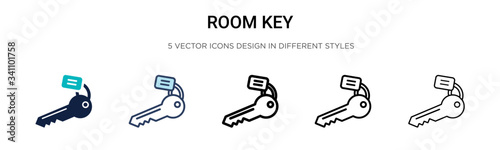 Room key icon in filled, thin line, outline and stroke style. Vector illustration of two colored and black room key vector icons designs can be used for mobile, ui,
