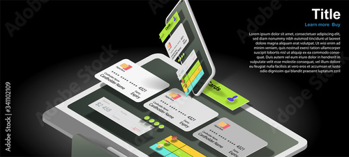 Mobile banking interface on the screen of an office computer and mobile phone in space