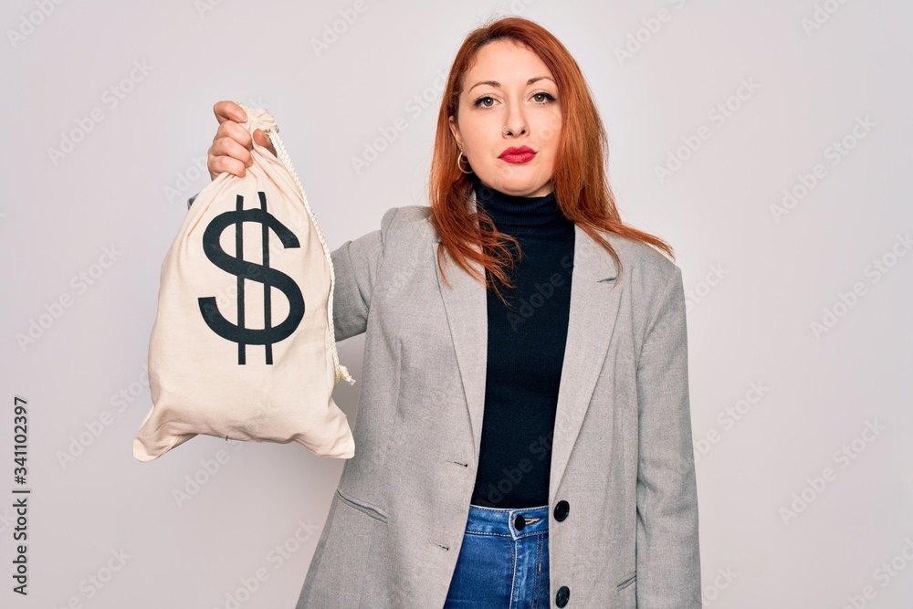 Young beautiful redhead woman holding bag with money and dollar sign over white background with a confident expression on smart face thinking serious Young beautiful redhead woman holding bag with money and dollar sign over white background with a confident expression on smart face thinking serious