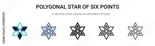 Polygonal star of six points icon in filled, thin line, outline and stroke style. Vector illustration of two colored and black polygonal star of six points vector icons designs can be used for