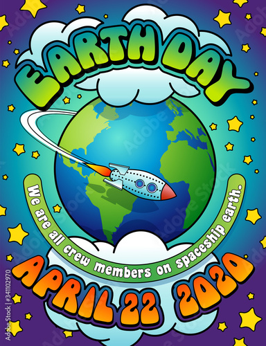 Colorful Earth Day 2020 design with planet earth, for poster, greeting card or banner in psychedelic retro hippie style. Vector Illustration