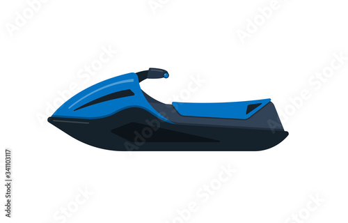 Vector illustration of blue jet ski isolated on white background. Summer rest, extreme sport. Cartoon vector