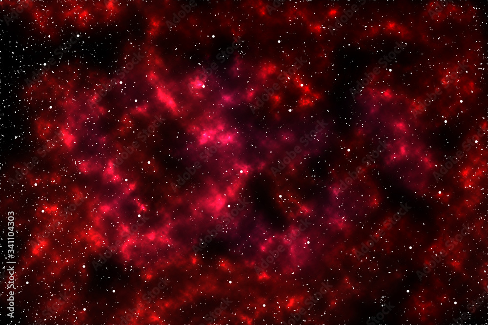 Abstract space background. Illustration of large cluster of stars, red nebula.