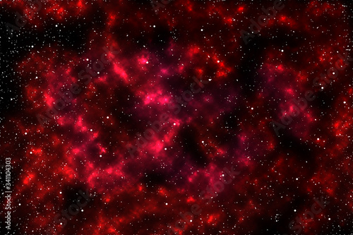 Abstract space background. Illustration of large cluster of stars, red nebula.