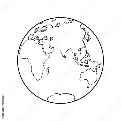 Vector illustration of Eastern Hemisphere of planet Earth, silhouettes of continents, contour line. Eurasia, Africa, Australia, Antarctica