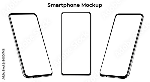Set of three silver modern editable frameless smartphones isolated on white background. Cellphones with front and side views. Vector illustration