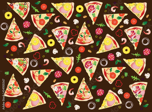 Pattern with slices of different pizza and ingredients on darkly brown background